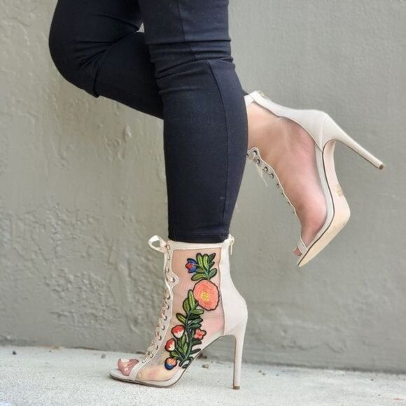 Women Ankle Open Toe High Heel Booties Lace Up Nude Color - Picture 3 of 7